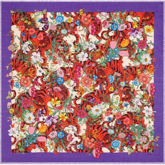 NWT Gucci Flora Tiger Print Oversized Cotton Gauze Shawl Scarf made in Italy - Picture 1 of 8